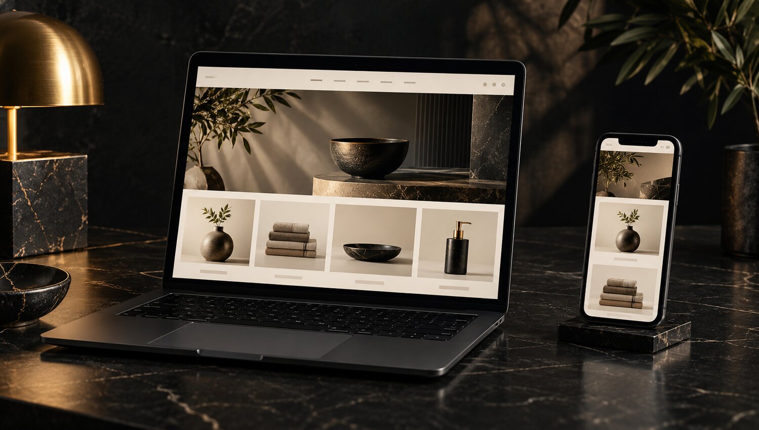 Premium laptop and phone website mockup on a dark stone studio desk
